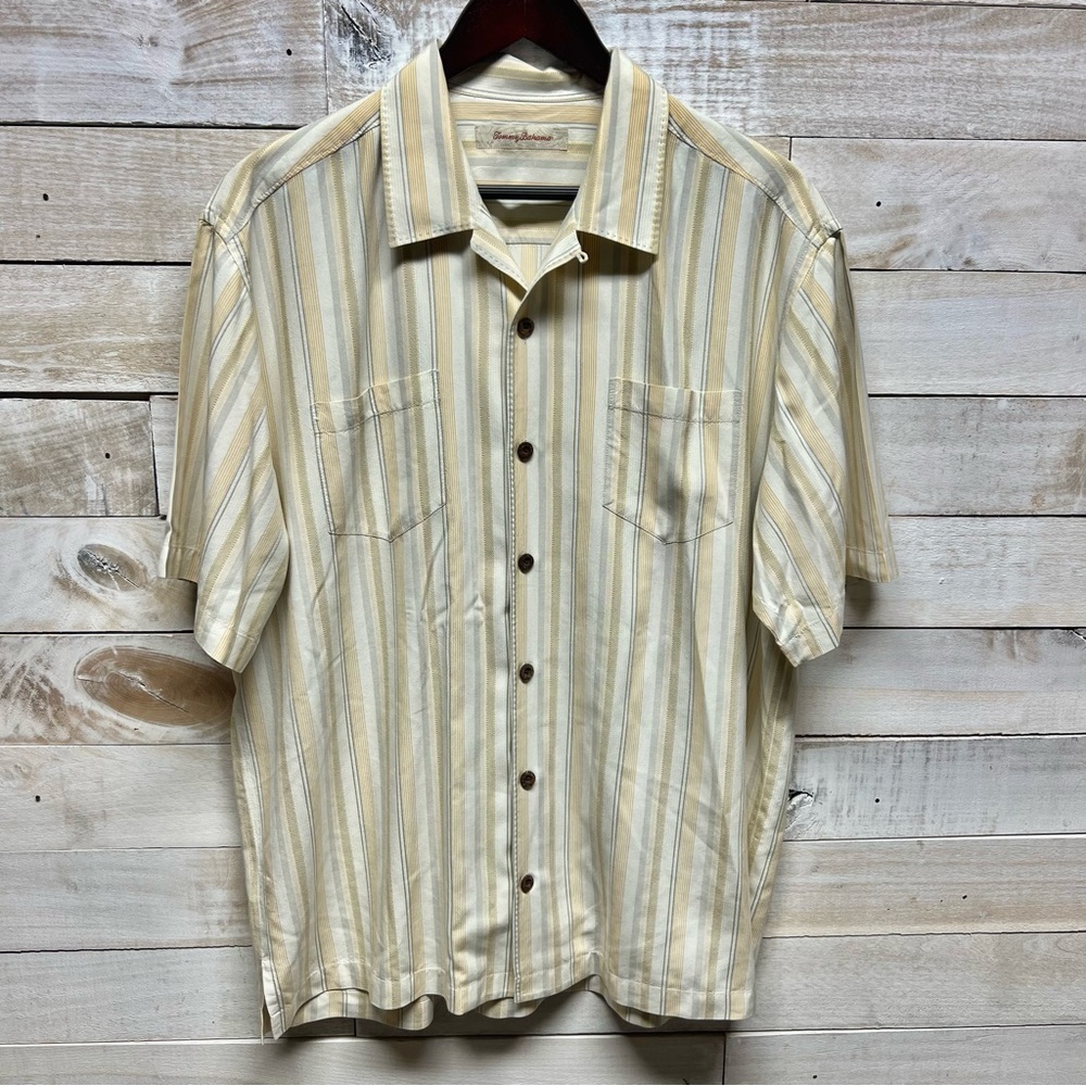Tommy Bahama‎ Silk Shirt Large Yellow Gray Stripe Short Sleeve Button Up Resort